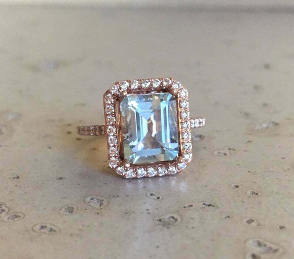 2ct Emerald Cut Blue Aquamarine Engagement Ring Halo Diamond 14k Rose Gold Over