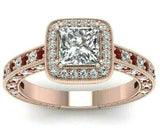 4Ct Princess Cut Diamond Halo Engagement Ring 14K Rose Gold Finish Ruby Accents