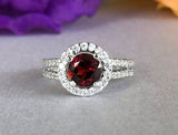 2ct Round Cut Red Garnet Halo Split Shank Engagement Ring 14k White Gold Finish