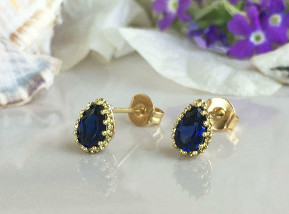 1.3ct Stud Earrings Pear Cut Blue Sapphire Crown Solitaire 14k YellowGold Finish