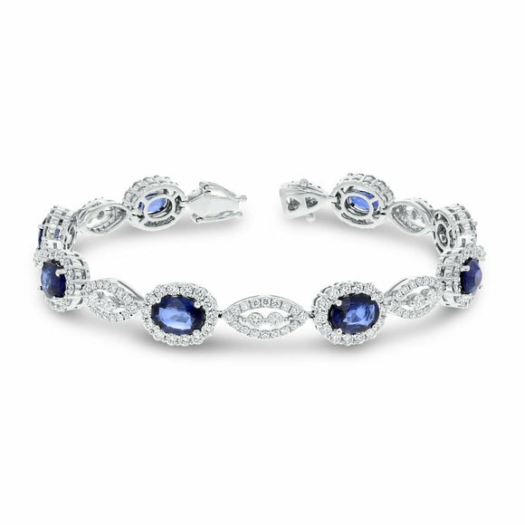 25ct Oval Cut Blue Sapphire Diamond Halo Link Tennis Bracelet 14k WhiteGold Over