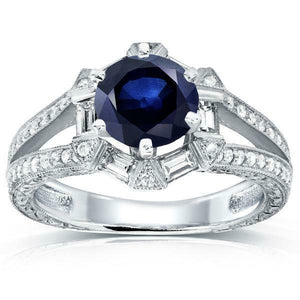 4Ct Round Cut Blue Sapphire Diamond Art Deco Engagement Ring 14K White Gold Over