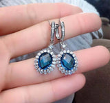 2.5ct Drop Earrings Oval Cut Blue Sapphire Dangling Halo 14k White Gold Finish