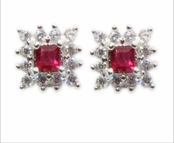 2ct Princess Cut Pink Ruby Floral Halo Stud Women Earrings 14k White Gold Finish