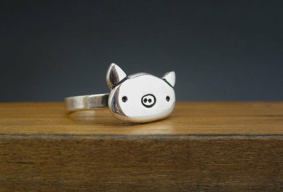 Pig Head Animal Unique Cute Ring in 14k White Gold Finish