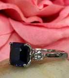 1.5ct Asscher Cut Blue Sapphire Three Stone Engagement Ring 14k WhiteGold Finish