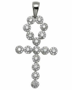 1ct Round Cut Diamond Single Row Ankh Cross Charm Pendant 14k White Gold Finish