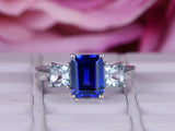 1.9ct Emerald Cut Blue Sapphire Engagement Ring Trilogy 14k White Gold Finish