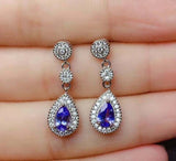 2.8ct Drop Earrings Pear Cut Blue Tanzanite Tear Drop Halo 14k White Gold Finish