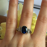 1.4ct Engagement Ring Oval Cut Blue Sapphire Vintage Inspired 14k WhiteGold Over