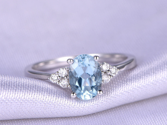 0.7ct Oval Cut Blue Aquamarine Engagement Ring Solitaire 14k White Gold Finish