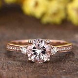 1ct Round Cut Morganite Trilogy Engagement Ring 14k RoseGold Finish Round Accent