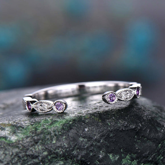 0.5Ct Round Cut Purple Amethyst Diamond Open Wedding Band 14K White Gold Finish