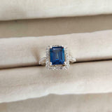 2.2ct Engagement Ring Emerald Cut Blue Sapphire Halo 14k White Gold Finish