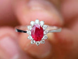 2ct Engagement Ring Oval Cut Ruby Diamond Halo Minimalist 14k White Gold Finish