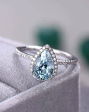 3Ct Pear Cut Blue Aquamarine Diamond Accent Engagement Ring 14K White Gold Over