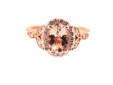 2.5Ct Oval Cut Peach Morganite Diamond Leaf Accents Halo Ring 14K Rose Gold Over