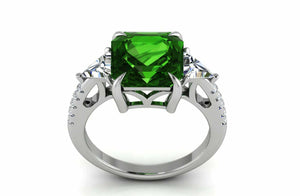 2ct Asscher Cut Green Emerald Trillion Accent Trilogy Ring 14k White Gold Finish