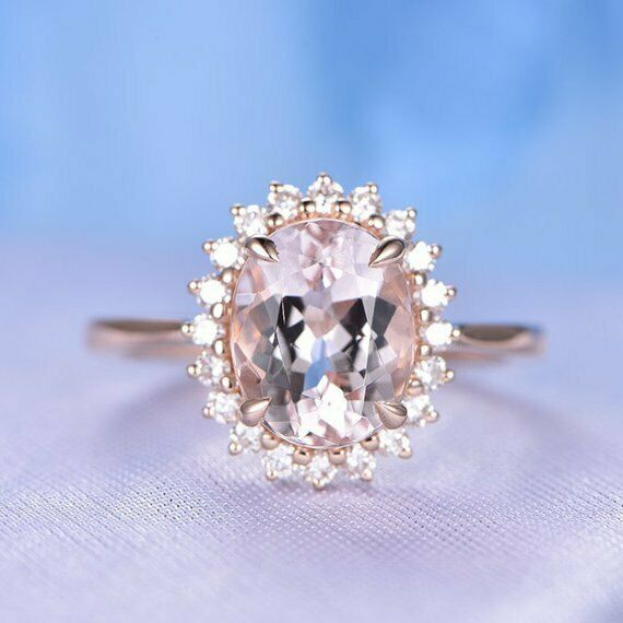 2ct Oval Cut Peach Morganite Halo Solitaire Engagement Ring 14k Rose Gold Finish