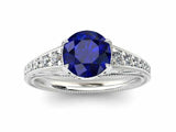 2ct Round Blue Sapphire Solitaire with Accent Milgrain Ring 14k WhiteGold Finish