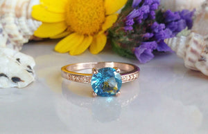 1.2ct Engagement Ring Round Cut Blue Topaz 4 Prong Solitaire 14k Rose Gold Over