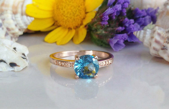 1.2ct Engagement Ring Round Cut Blue Topaz 4 Prong Solitaire 14k Rose Gold Over