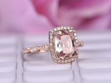 4ct Cushion Cut Peach Morganite Diamond Halo Round Accent Ring 14k RoseGold Over