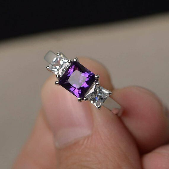 1.5ct Princess Cut Purple Amethyst Engagement Ring 14k White Gold Finish Trilogy