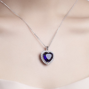 3ct Heart Cut Blue Sapphire Diamond Halo Pendant and Chain 14k White Gold Finish