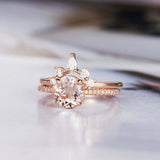 1.6ct Round Cut Morganite Engagement Ring Crown Bridal Set 14k Rose Gold Finish