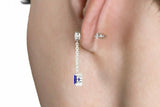 2ct Oval Blue Sapphire Chain Vertical Drop Dangle Earrings 14k White Gold Finish