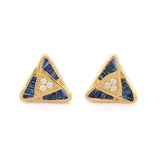 1.5ct Stud Earrings Baguette Cut Blue Sapphire Pyramid 14k Yellow Gold Finish