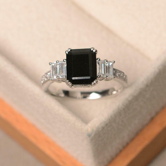 2.2ct Emerald Cut Black Diamond Engagement Ring Five Stone 14k White Gold Finish