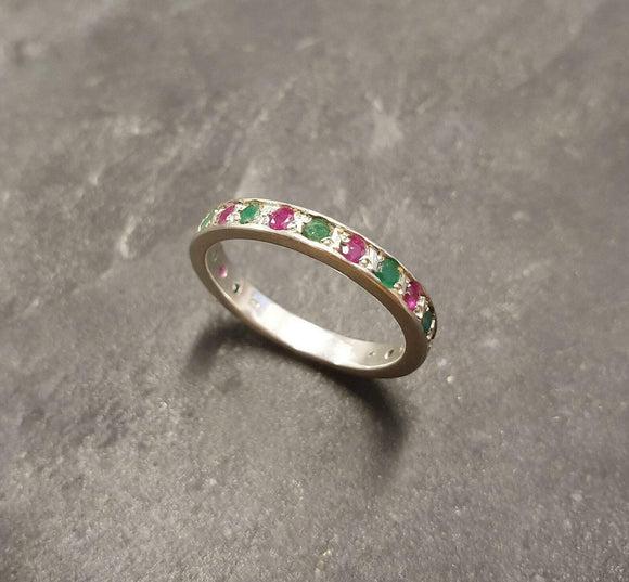 1ct Round Cut Pink Ruby Alternate Emerald Half Eternity Band 14k White Gold Over