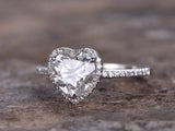 1ct Heart Cut Diamond Cluster Solitaire Engagement Ring 14k White Gold Finish