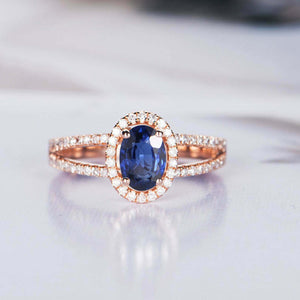 2.2ct Oval Cut Blue Sapphire Engagement Ring Halo Split Shank 14k Rose Gold Over