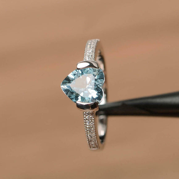 1ct Heart Cut Aquamarine Solitaire with Round Accent Ring 14k White Gold Finish