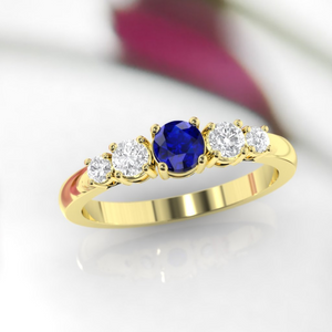 2.6ct Round Cut Blue Sapphire Engagement Ring 14k Yellow Gold Finish Five Stone