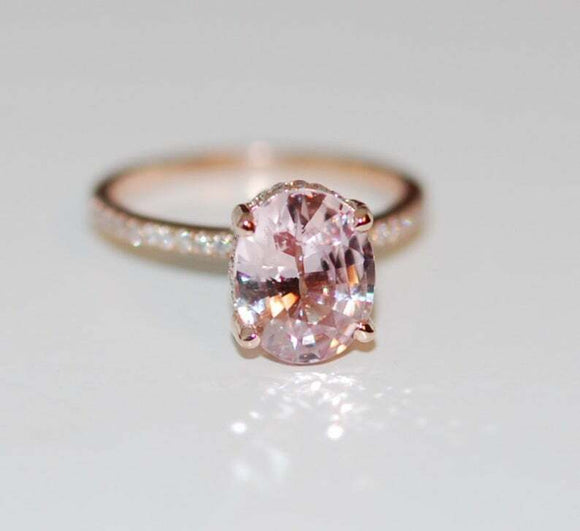 1.7ct Engagement Ring Oval Cut Peach Morganite Hidden Halo 14k Rose Gold Finish