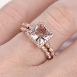 2ct Princess Cut Peach Morganite Bridal Set Engagement Ring 18k Rose Gold Finish