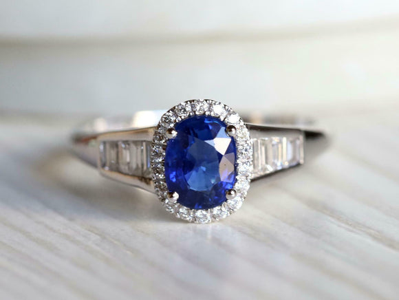 3.5ct Oval Cut Blue Sapphire Baguette Accent Halo Ring 14k White Gold Finish