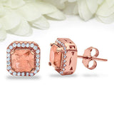 1ct Princess Cut Peach Morganite Halo Diamond Stud Earrings 14k Rose Gold Finish