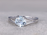 1ct Round Cut Blue Aquamarine Split Shank Solitaire Ring 18k White Gold Finish