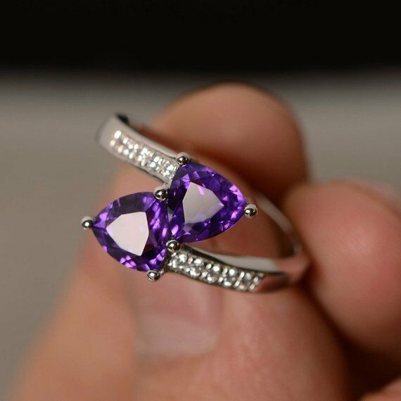 2ct Trillion Cut Purple Amethyst Double Stone Engagement Ring 14k WhiteGold Over