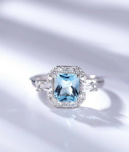 2ct Radiant Cut Blue Aquamarine Engagement Ring Halo Trilogy 14k White Gold Over