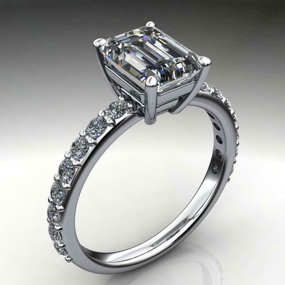 Accents Solitaire Engagement Ring 1.75ct Emerald Cut Diamond 14k White Gold Over