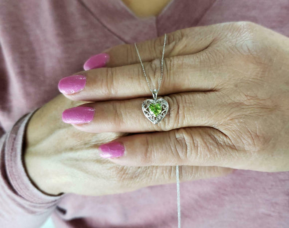 1ct Green Peridot Pendant with Chain Heart Cut Filigree 14k White Gold Finish