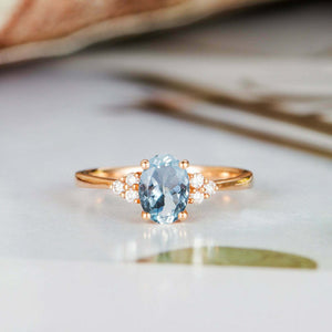 1.2ct Oval Cut Blue Aquamarine Minimalist Slim Engagement Ring 14k RoseGold Over