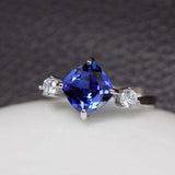 1.7ct Cushion Cut Blue Sapphire Engagement Ring Trilogy 14k White Gold Finish