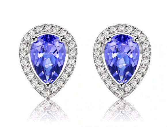 2.3ct Stud Earrings Pear Cut Blue Tanzanite Diamond Halo 14k White Gold Finish